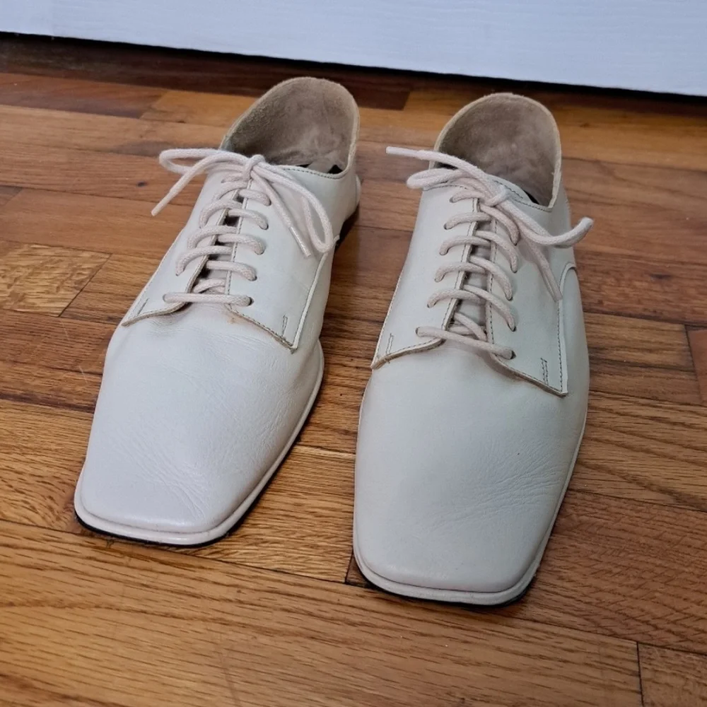 Zara Elegant Cream Women's Leather Lace Up Square Toe Oxford Shoes 39 (US 8) - Picture 4 of 6